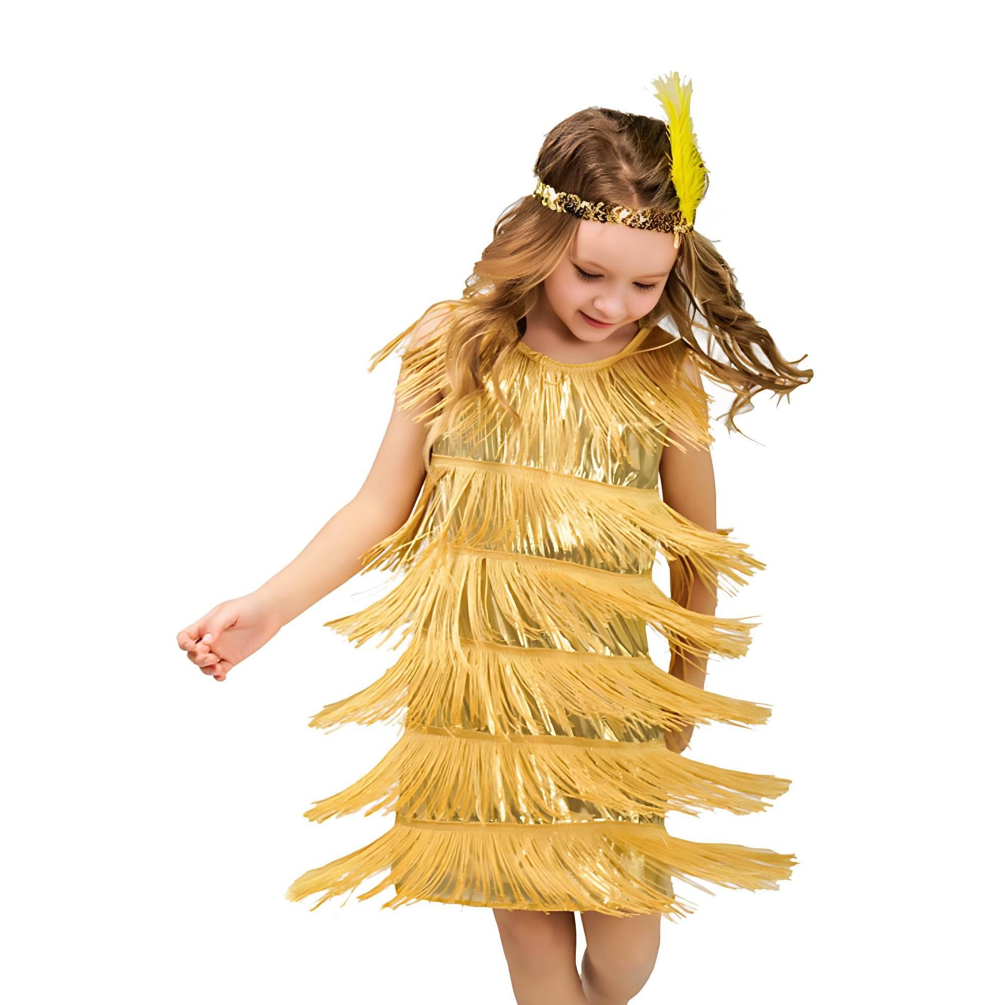 1920s Kids girls Retro Latin dance Party costume tassel Dress - Azufun