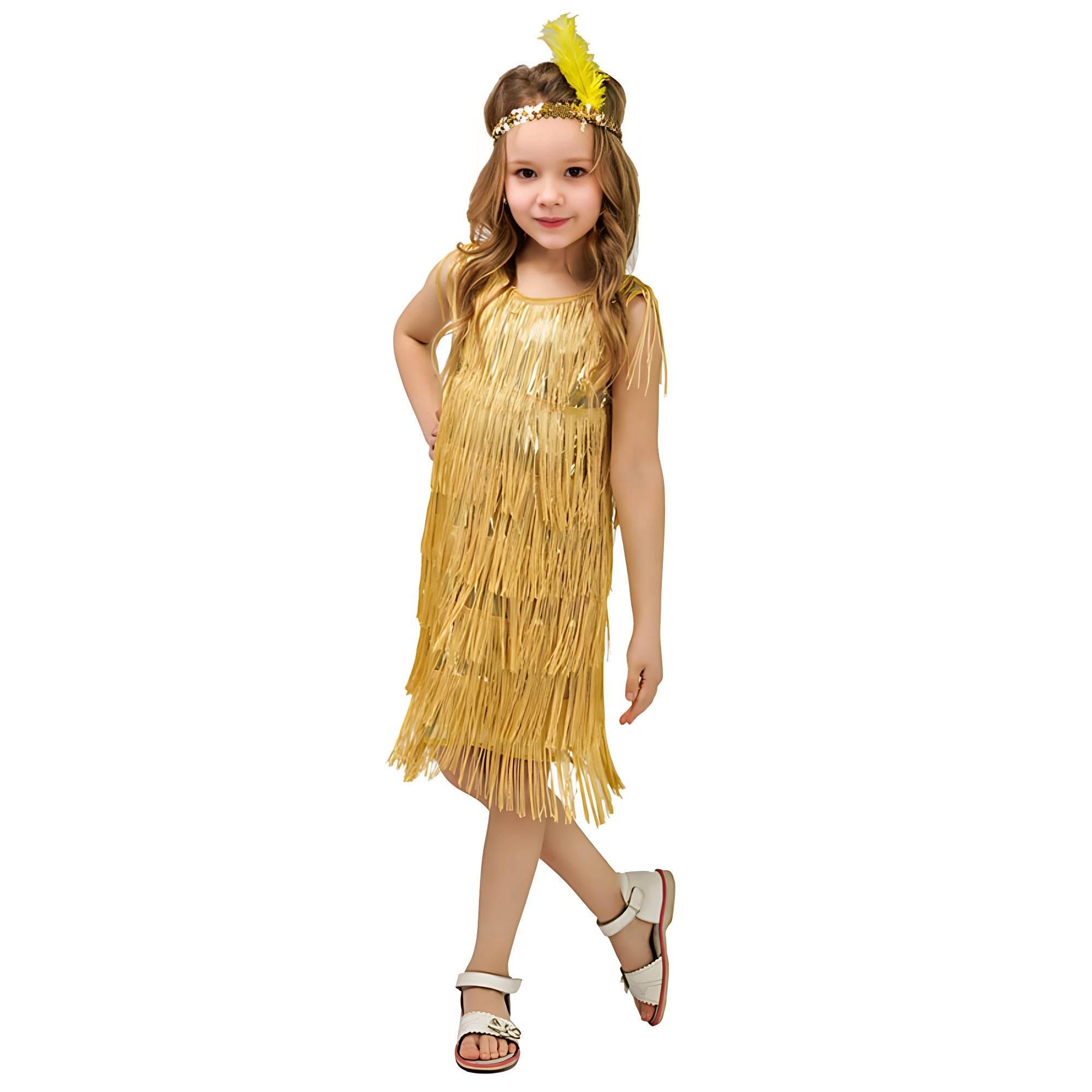 1920s Kids girls Retro Latin dance Party costume tassel Dress - Azufun