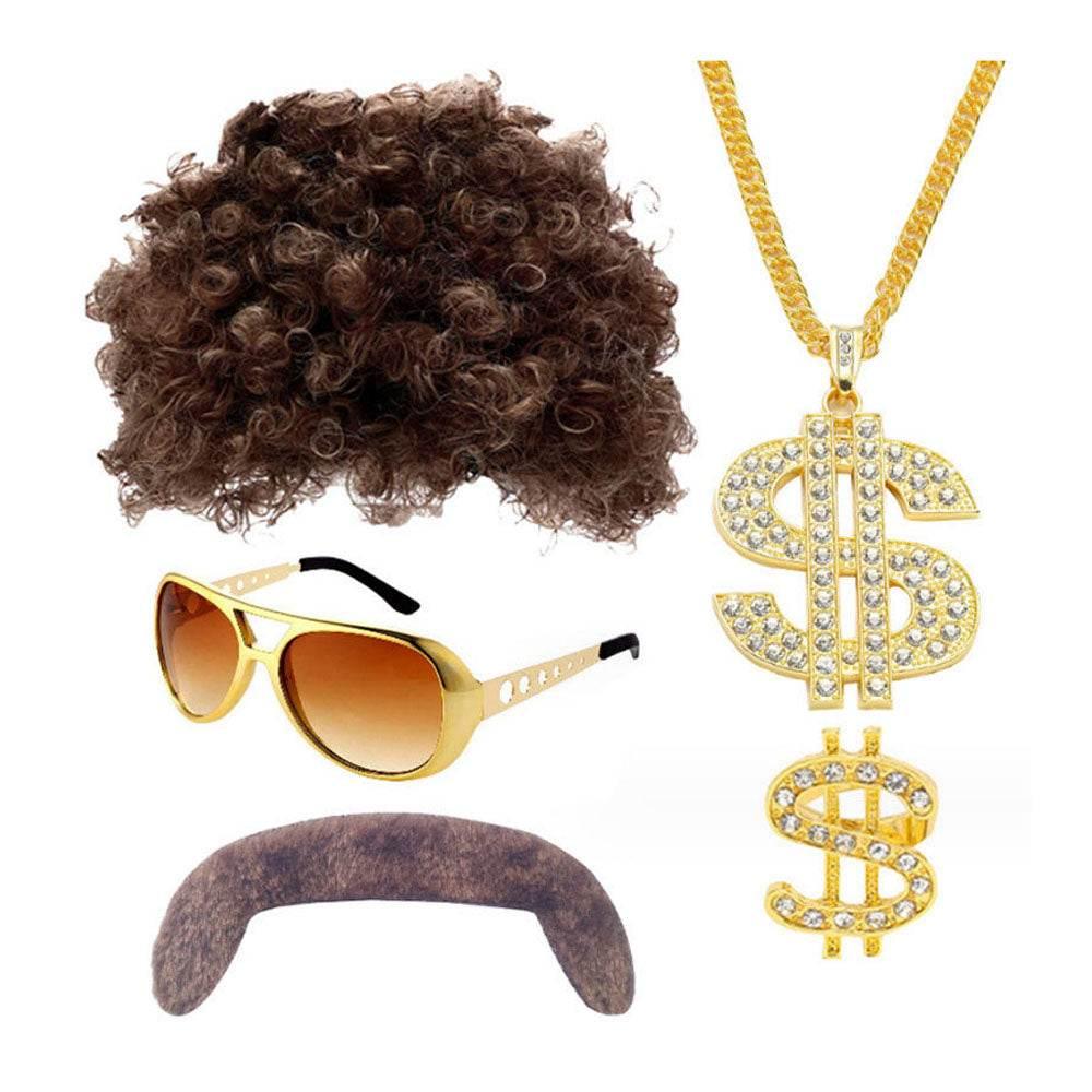 70s party Halloween props role play Elvis style ball wig glasses beard set - Azufun