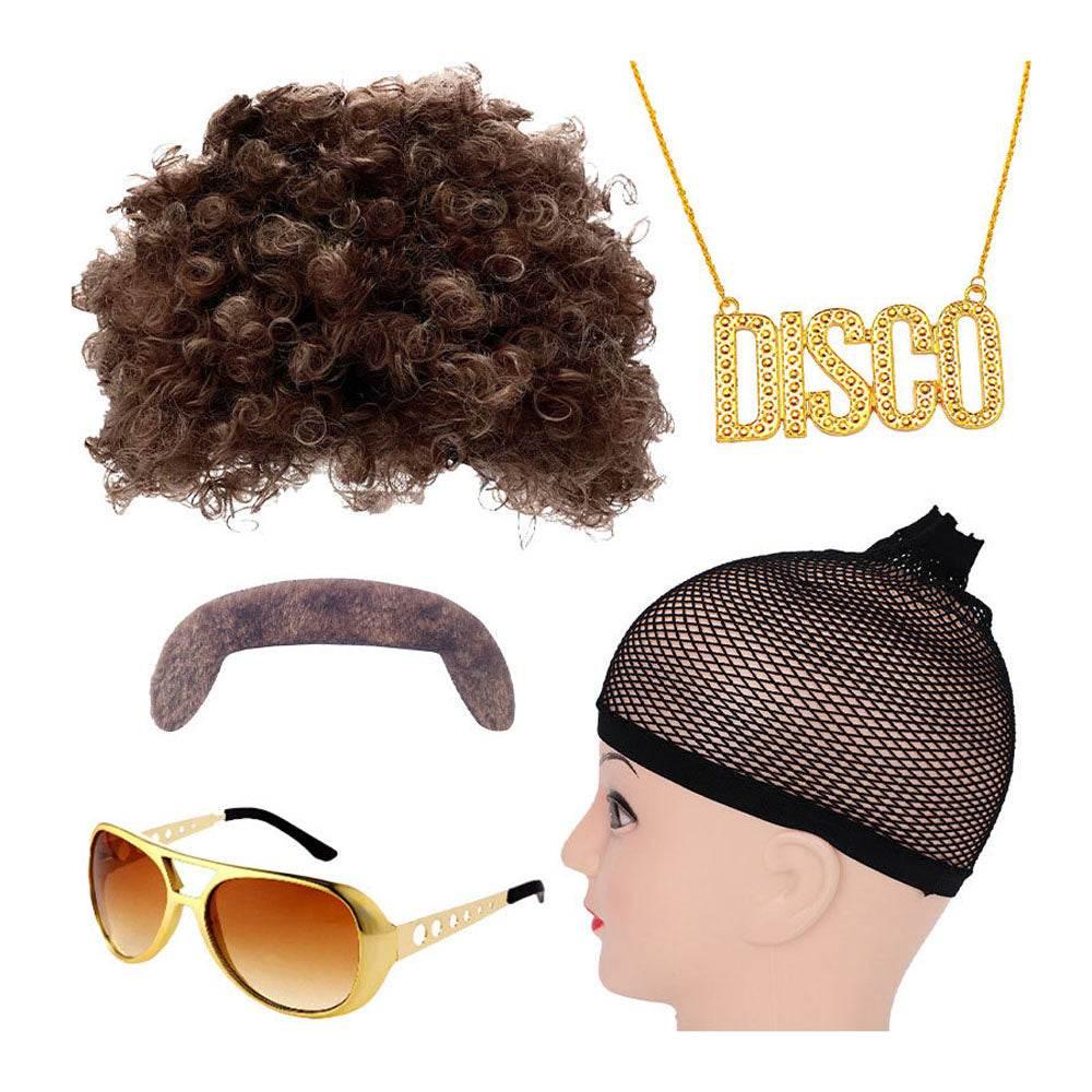 70s party Halloween props role play Elvis style ball wig glasses beard set - Azufun