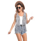 Sleeveless Vest Sequined Vest Western Cowboy Style Cardigan Denim Vest Women - Azufun