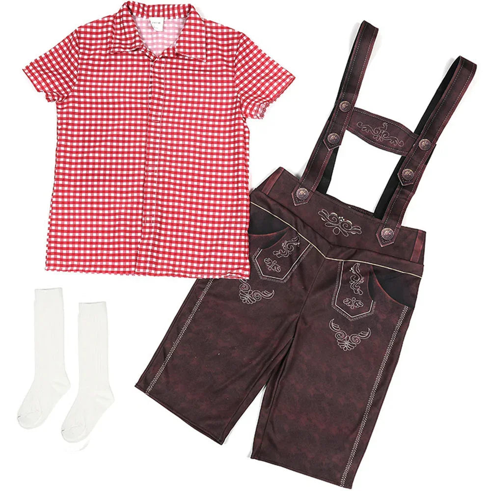 Boy Oktoberfest Costume Set Overalls with plaid shirt socks Halloween - Azufun