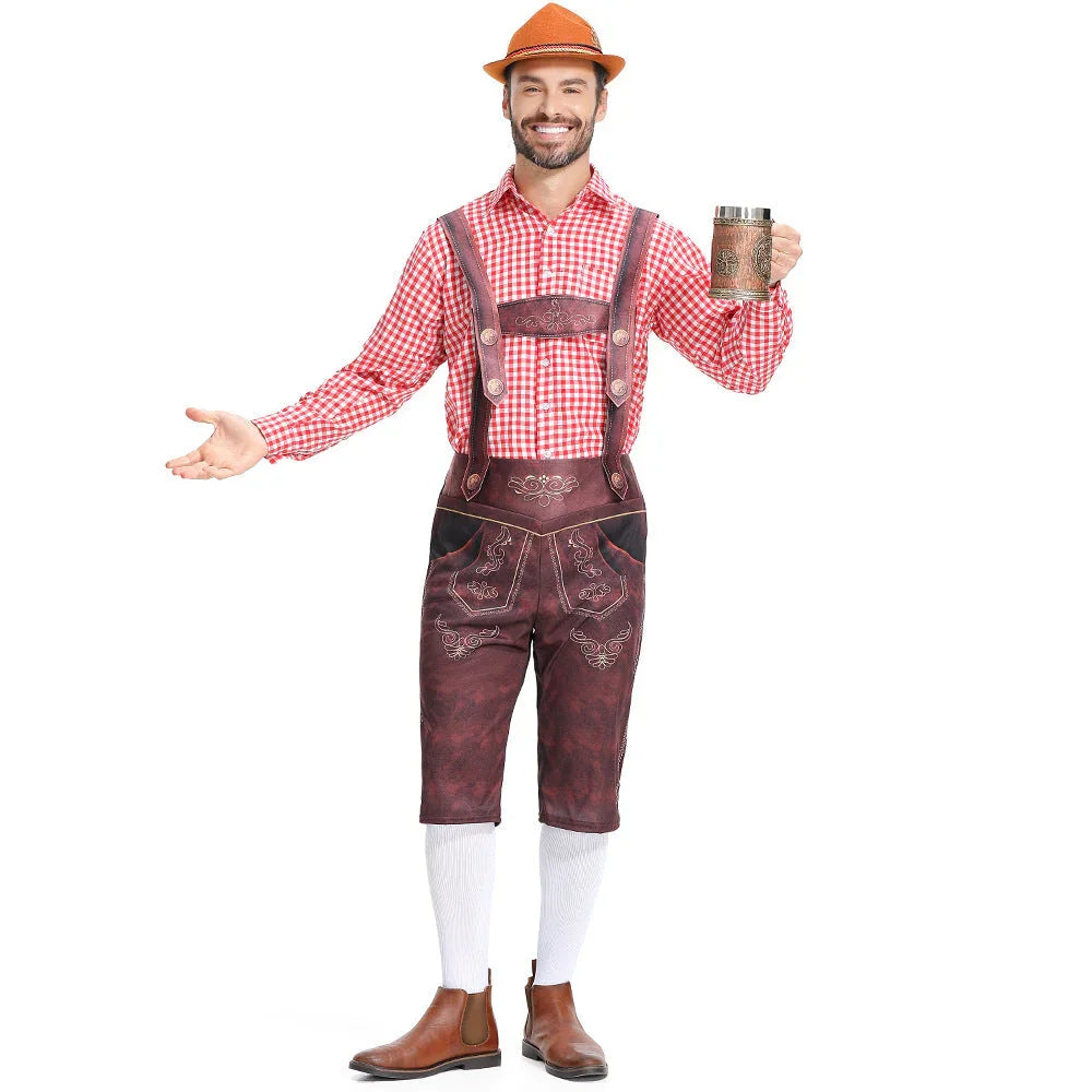 Men's Bavarian Lederhosen Oktoberfest Overalls Plaid Shirt Costume - Azufun