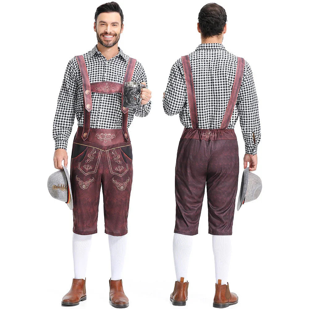 Men's Bavarian Lederhosen Oktoberfest Overalls Plaid Shirt Costume - Azufun