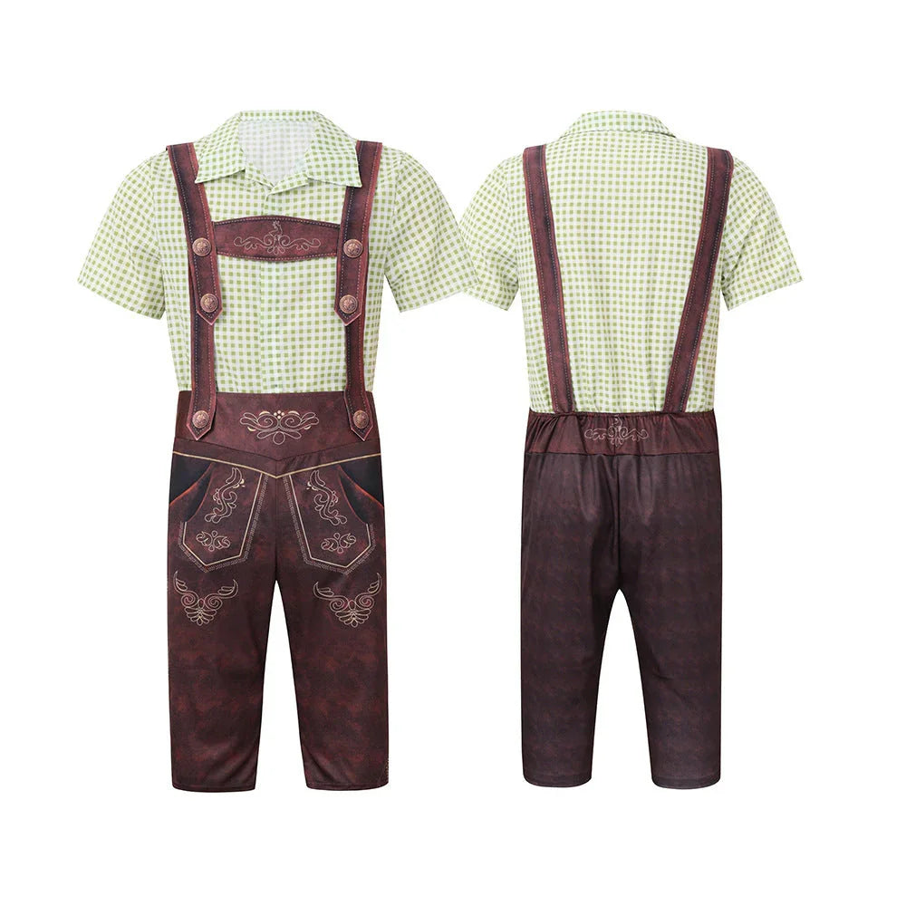 Men's Bavarian Lederhosen Oktoberfest Overalls Plaid Shirt Costume - Azufun
