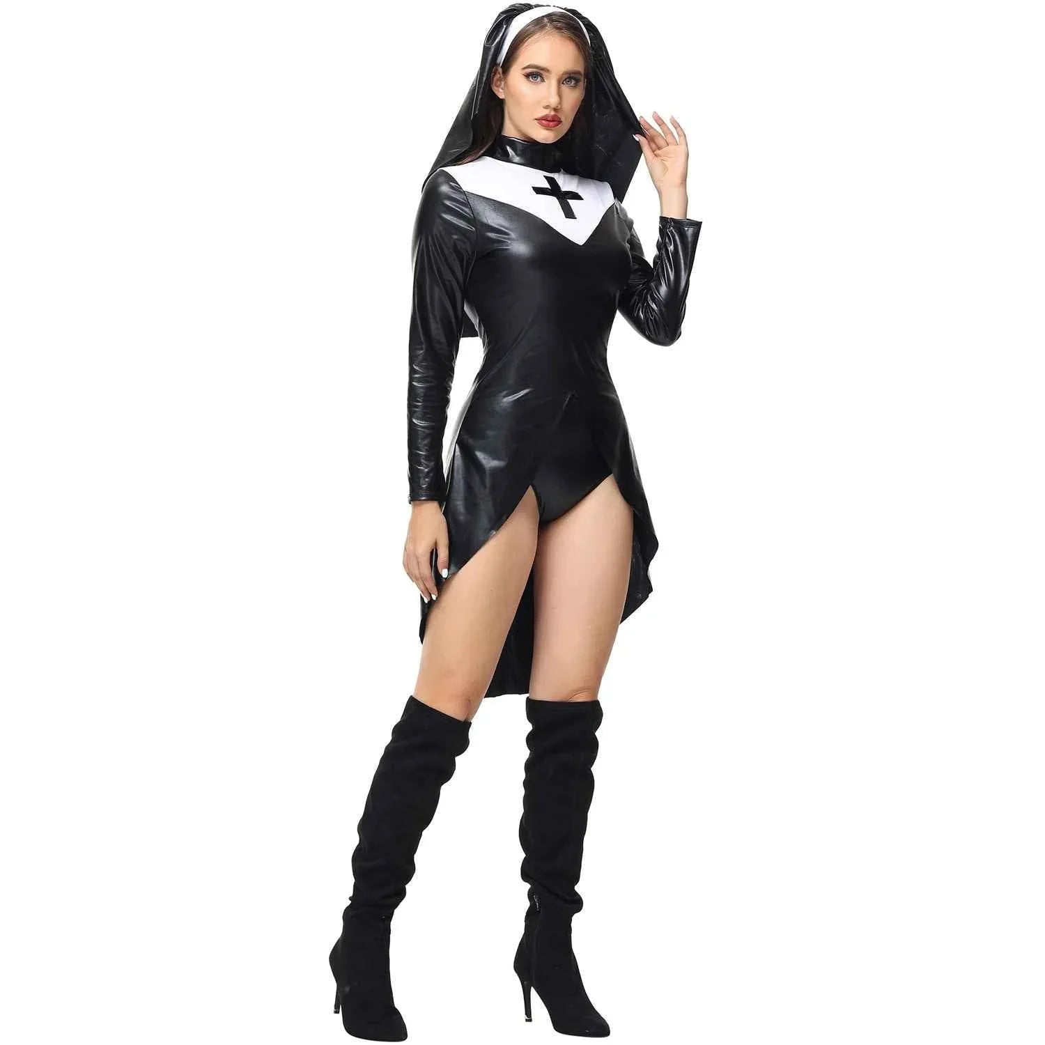 PU Leather Punk Nun Costume for Women Halloween