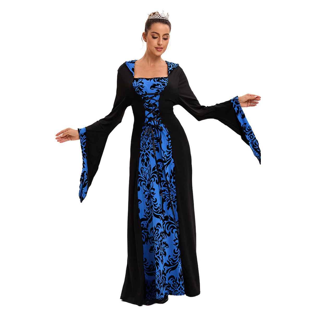 Medieval Hooded Swing Dress Costume Printed Retro Long Sleeves