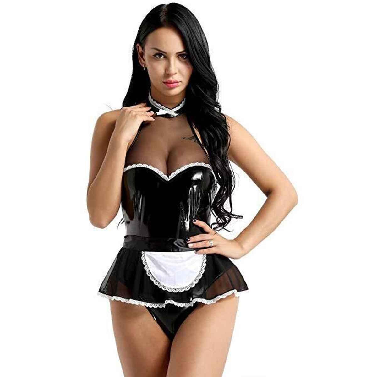 Maid Costume Jumpsuit PU Patent Leather Bodysuit