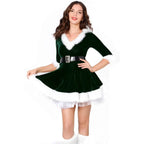 Women Christmas Costume Red and Green Santa Velvet Christmas Hoddie Dress