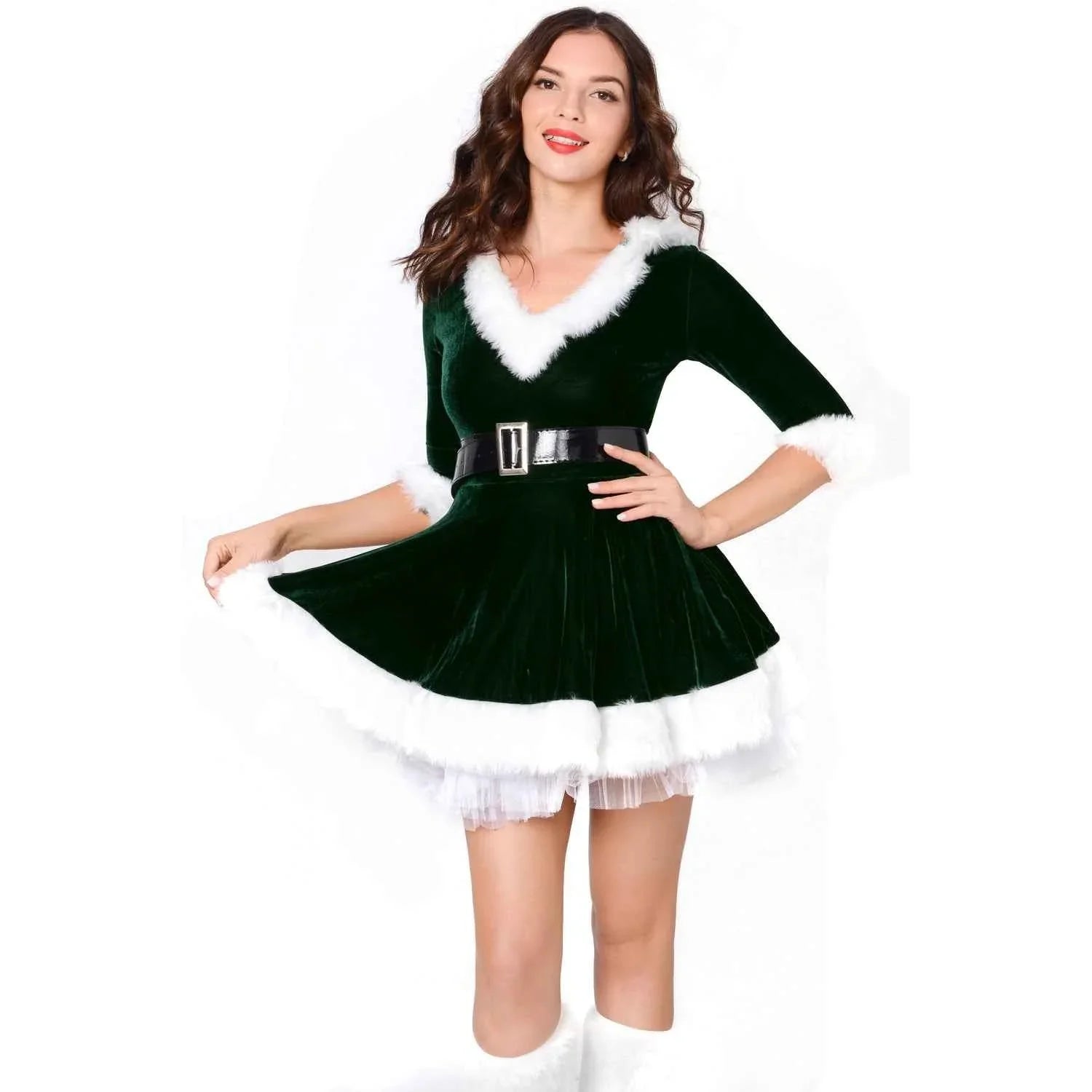 Women Christmas Costume Red and Green Santa Velvet Christmas Hoddie Dress