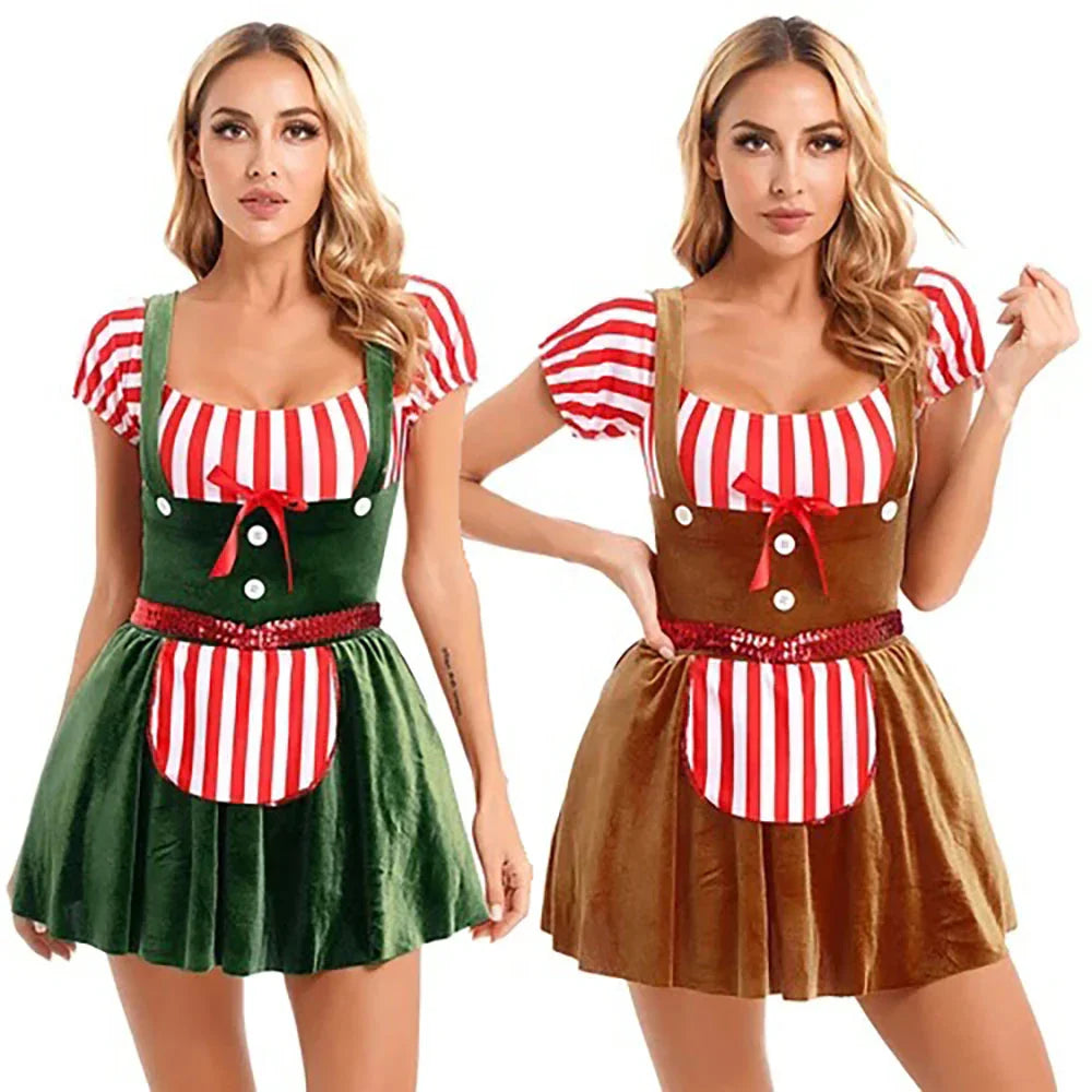 Women Gingerbread Costume Stripes Print Christmas Dance Dress