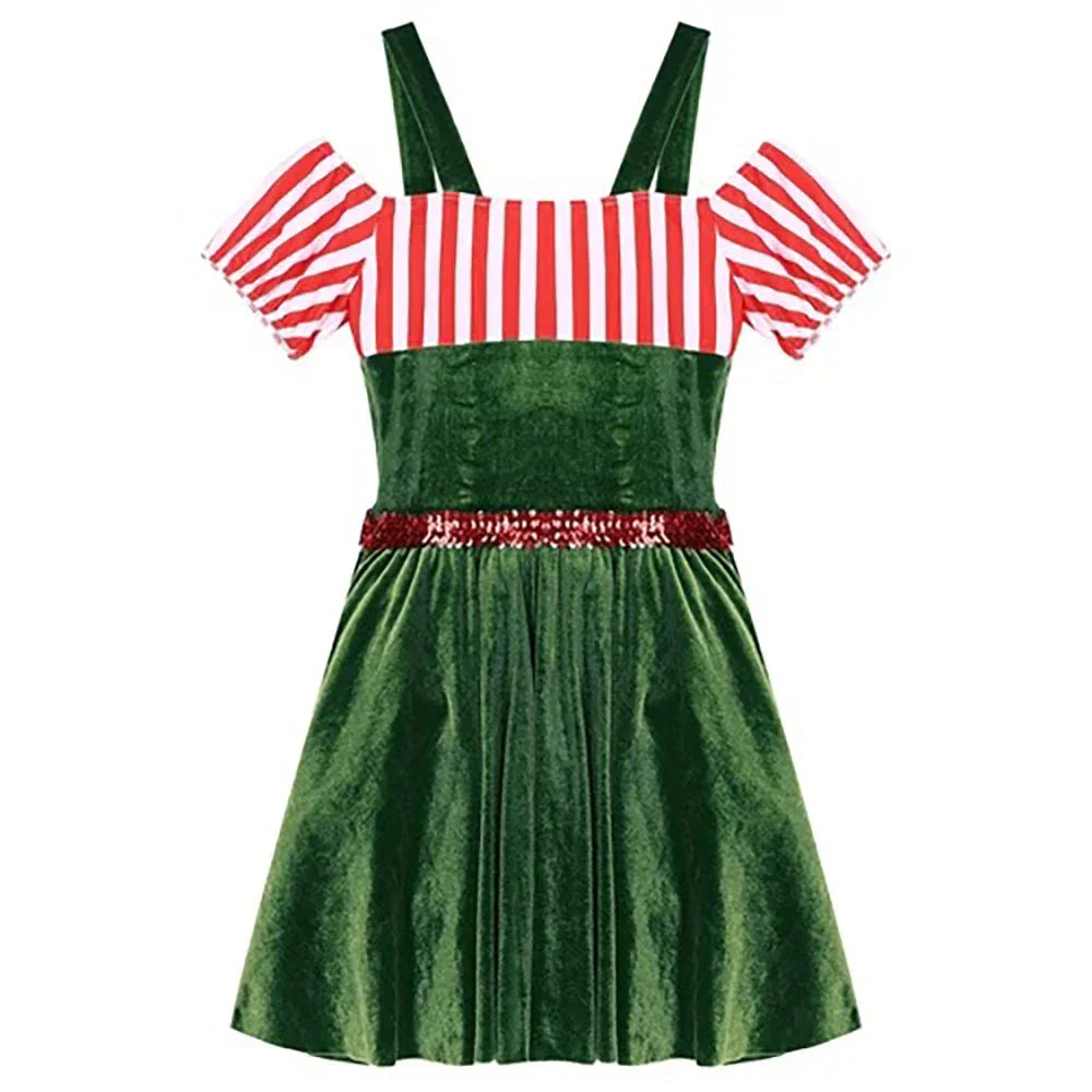 Women Gingerbread Costume Stripes Print Christmas Dance Dress
