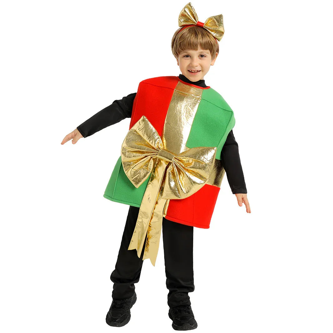 Christmas Present Costume Kids Gold Ribbon Gift Box Costume Vest