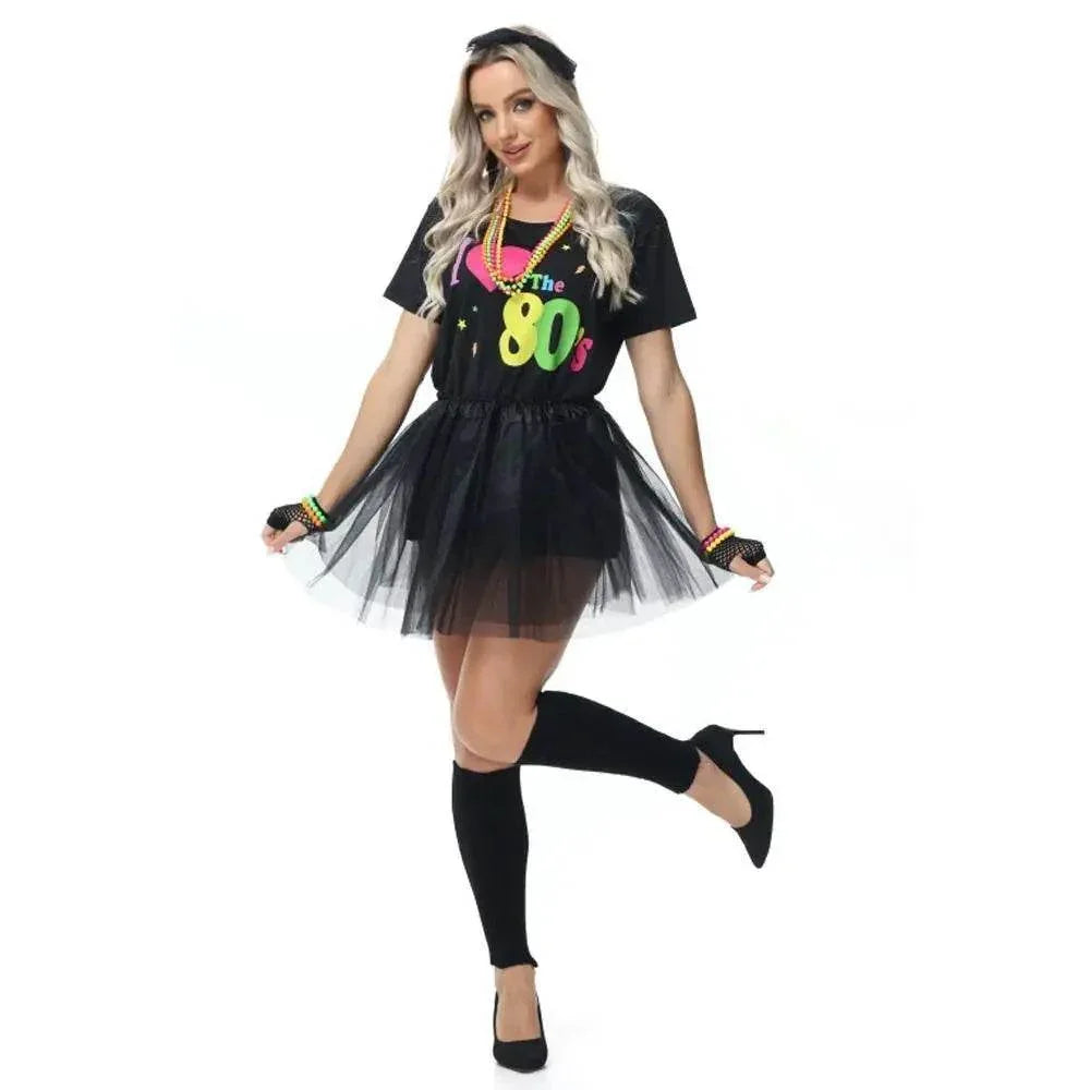 80s Fancy Dress Costumes Printed T-shirt Gauze Skirt Suit Halloween For Female - Azufun
