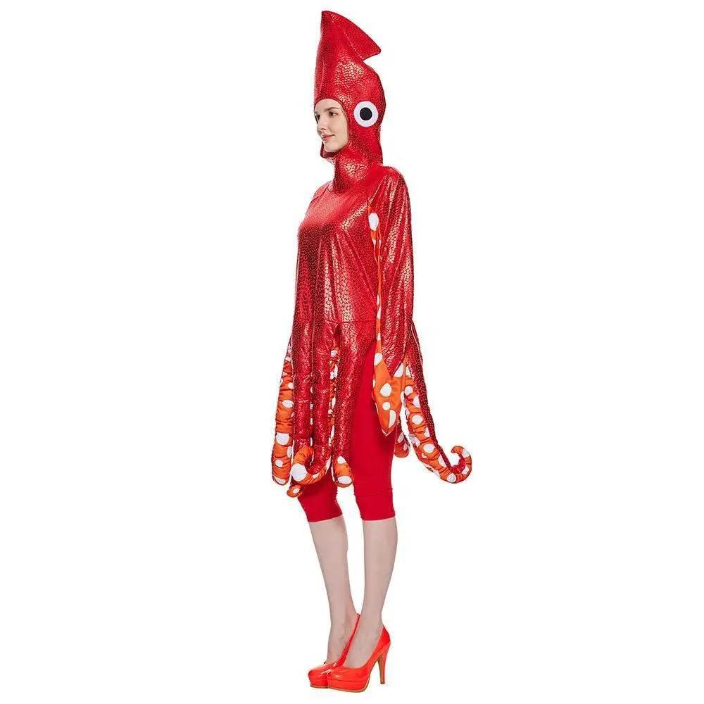 Adult Spoof Squid Costume Red Leggings Jumpsuit Funny Novelty Halloween Cosplay Costume - Azufun