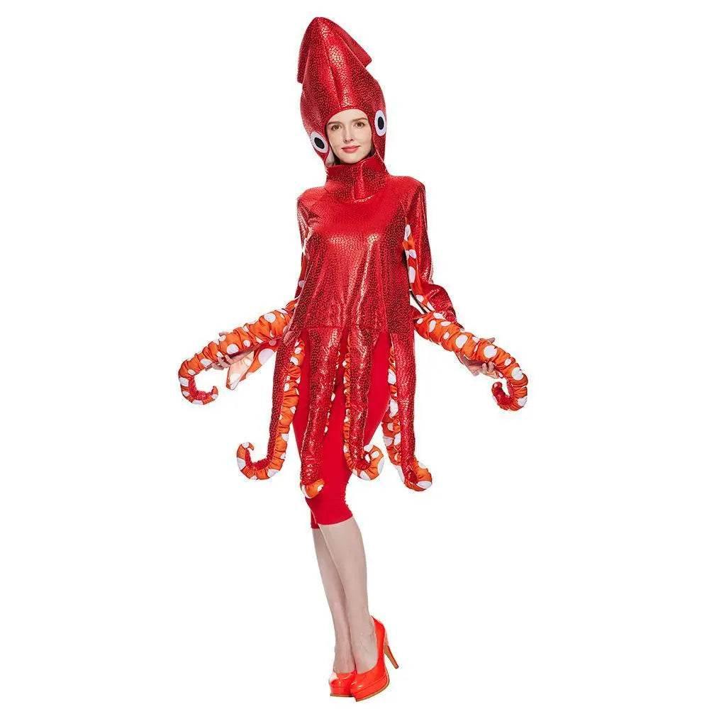 Adult Spoof Squid Costume Red Leggings Jumpsuit Funny Novelty Halloween Cosplay Costume - Azufun