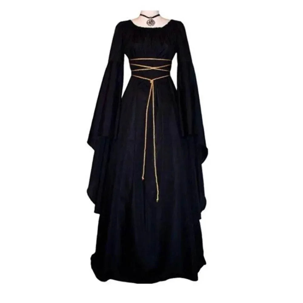 Antique solid color Halloween witch long sleeve dress - Azufun