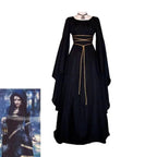 Antique solid color Halloween witch long sleeve dress - Azufun