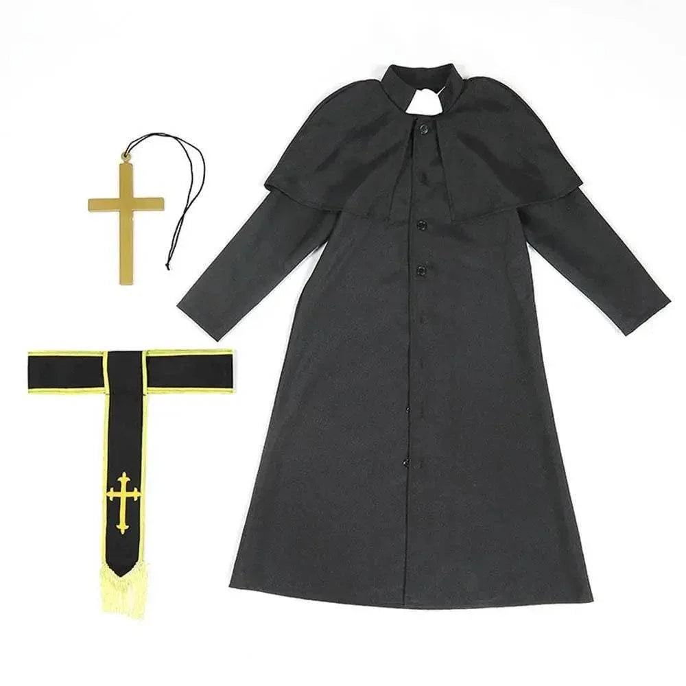 Black Robed Priest Halloween Outfits Carnival Cosplay Costume For Kids - Azufun