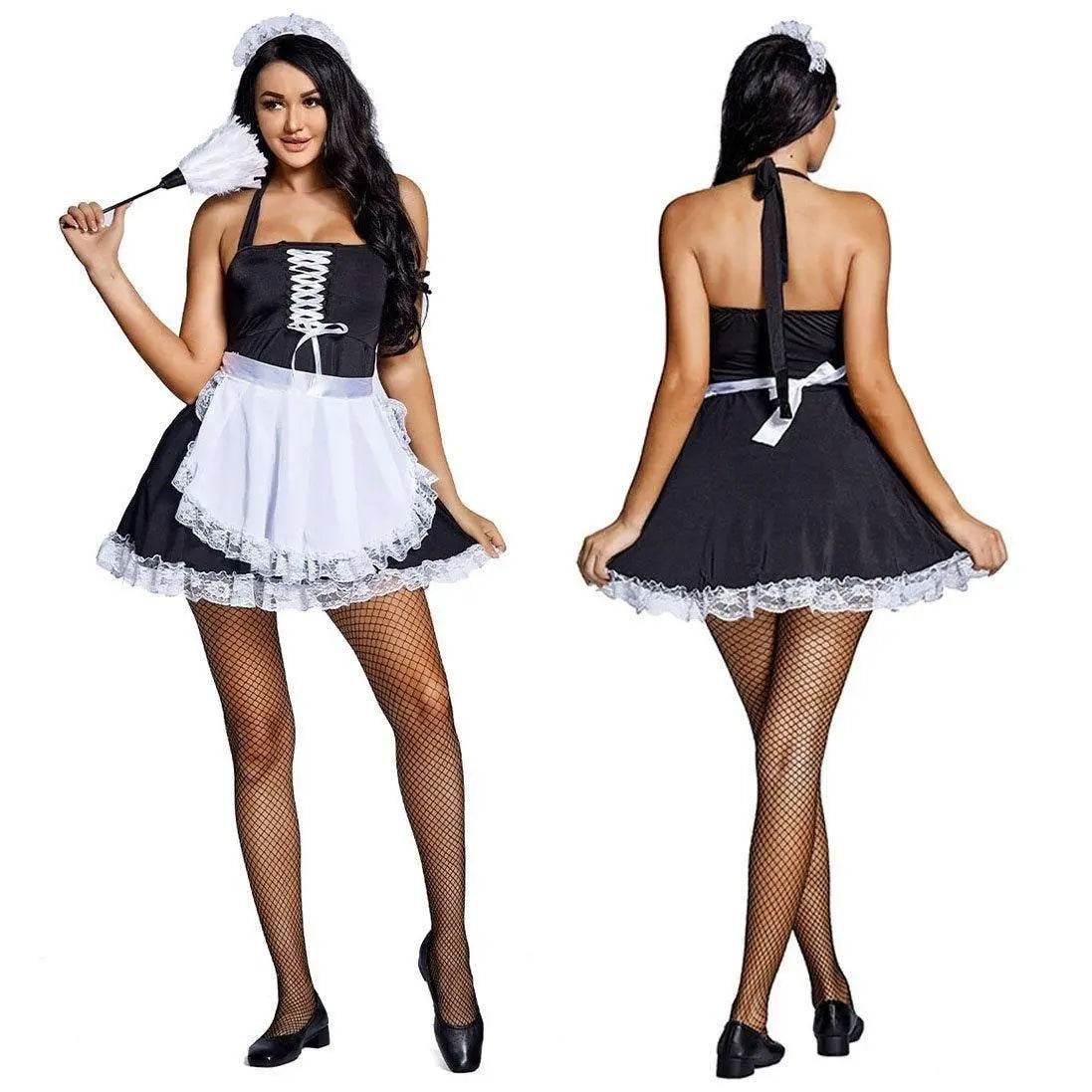 Black and white suspenders Japanese style maid Costume work clothes housekeeper lace short skirt - Azufun