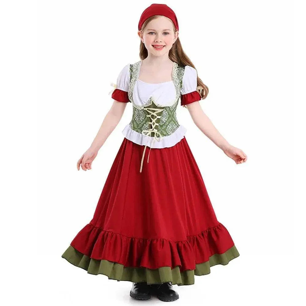 Children's Farm Oktoberfest Halloween Costume Wine Red Dance Skirt Outfit - Azufun