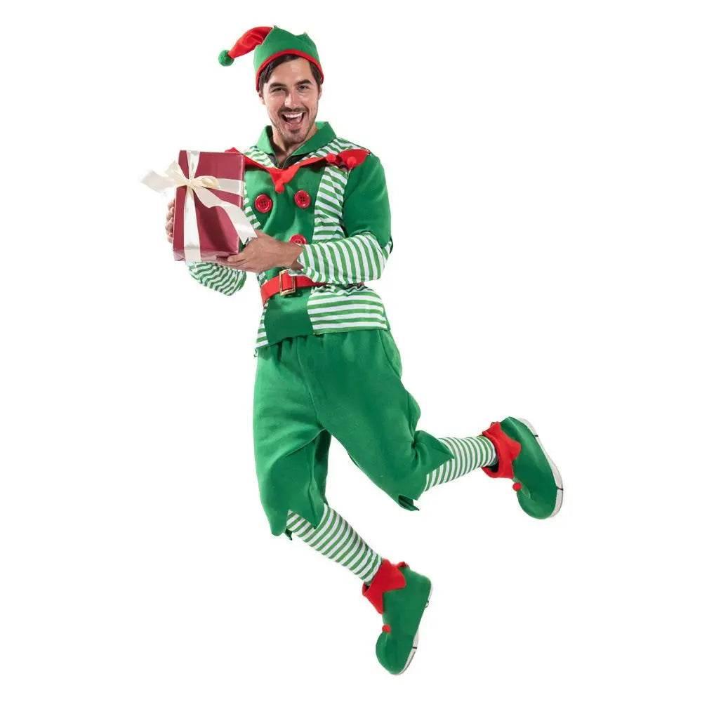 Christmas Elf Adult Men Costume with Elf Hat Stripes Design for Christmas Parties - Azufun