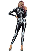 Halloween White Skeleton Elastic Bodycon Jumpsuit Cosplay Costume - Azufun