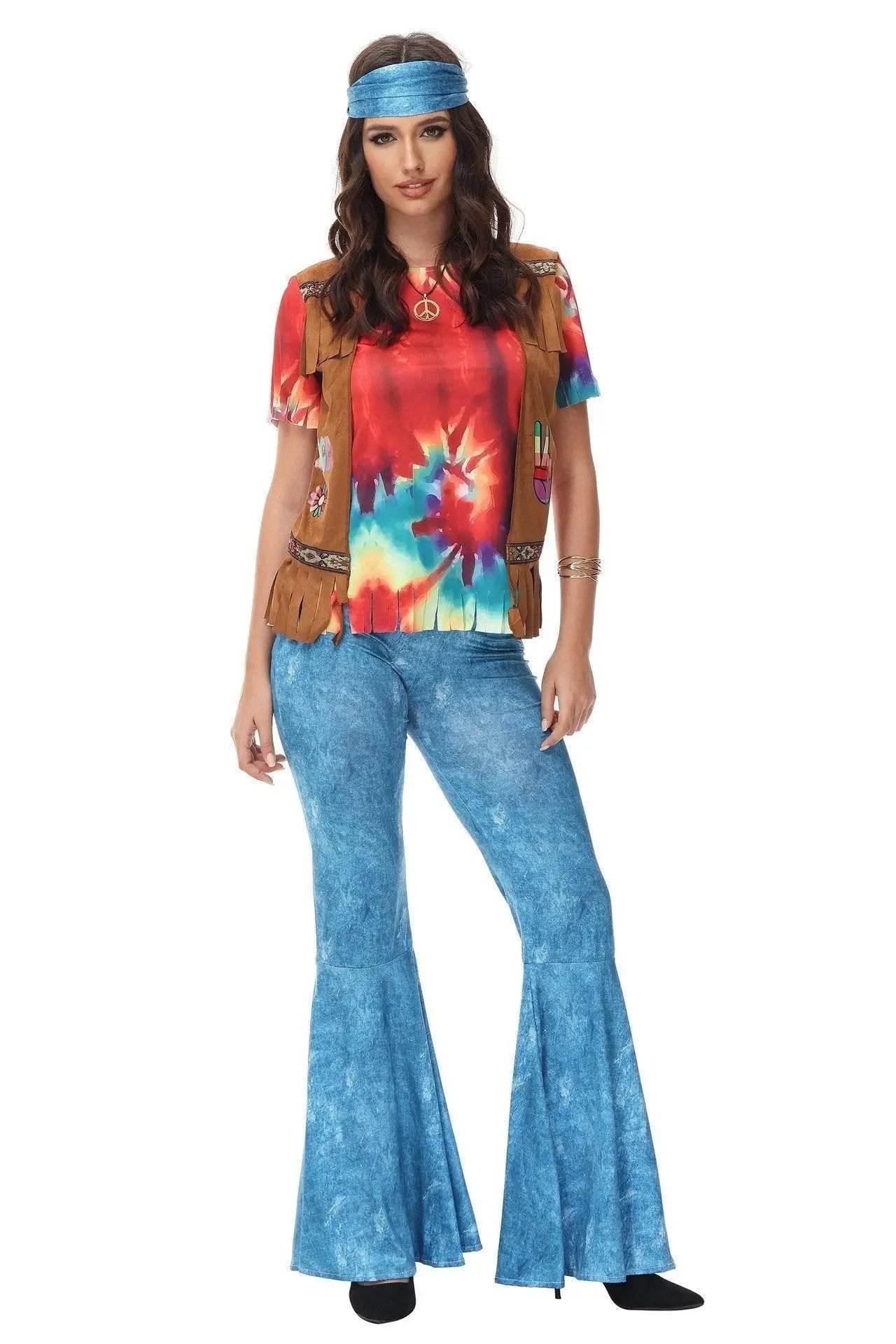 Halloween cosplay Adult retro 70s disco Hippie Fancy Dress Costume - Azufun