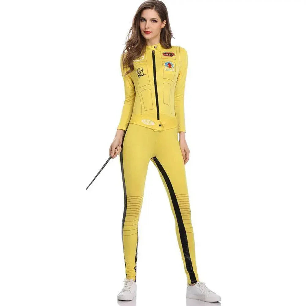 Kill Bill Cosplay Costume Yellow Bodycon Jumpsuit Motorcycle Night Club Racer Zentai Suits for Women - Azufun
