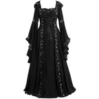 Medieval Retro Hooded Dress Costume Square Neck Tie Trumpet Sleeves Big Swing Skirt - Azufun