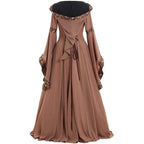 Medieval Retro Hooded Dress Costume Square Neck Tie Trumpet Sleeves Big Swing Skirt - Azufun