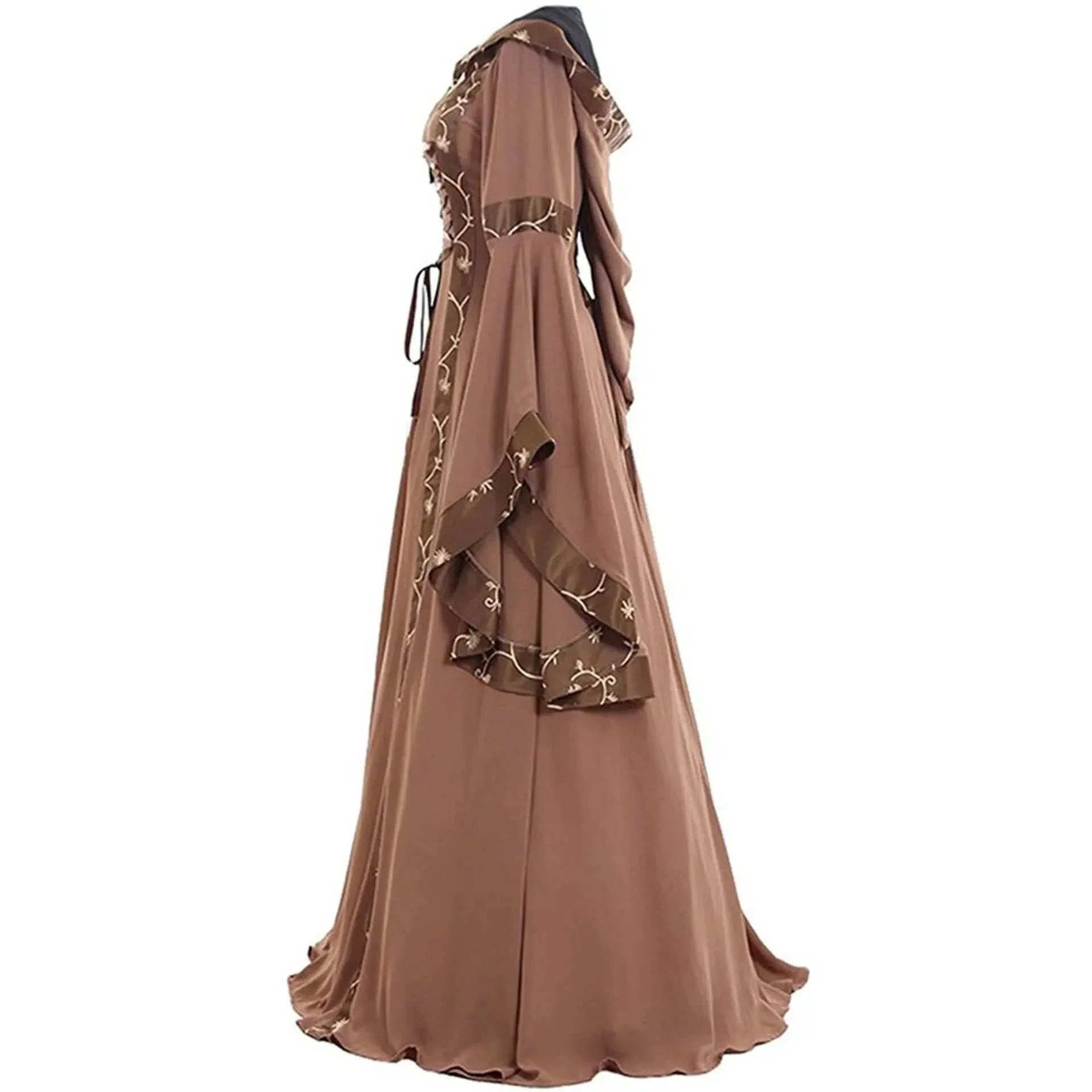 Medieval Retro Hooded Dress Costume Square Neck Tie Trumpet Sleeves Big Swing Skirt - Azufun