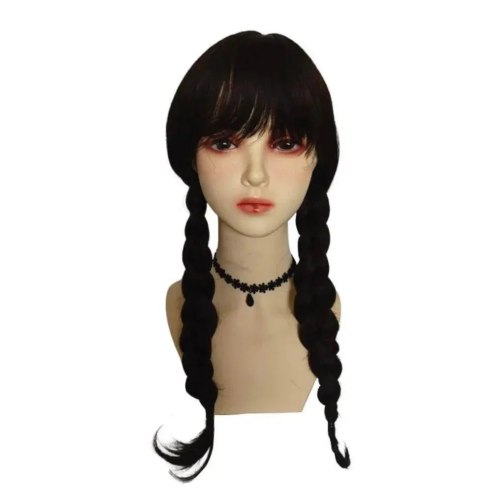 Wednesday Wig The Addams Family Cosplay Black Double Ponytail Braid Wig For Adult - Azufun
