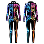 Women Halloween Jumpsuit Skull Cosplay Costume Funny Skeleton Halloween Bodysuit Skinny Catsuit - Azufun