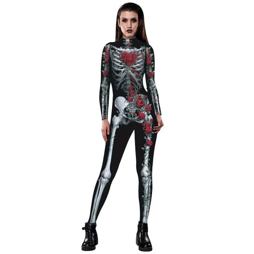 Women Printed Rose Skull Skeleton Catsuit Halloween Costume - Azufun