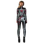 Women Printed Rose Skull Skeleton Catsuit Halloween Costume - Azufun