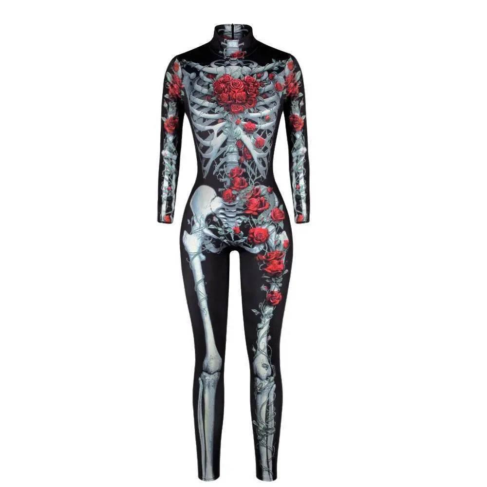 Women Printed Rose Skull Skeleton Catsuit Halloween Costume - Azufun