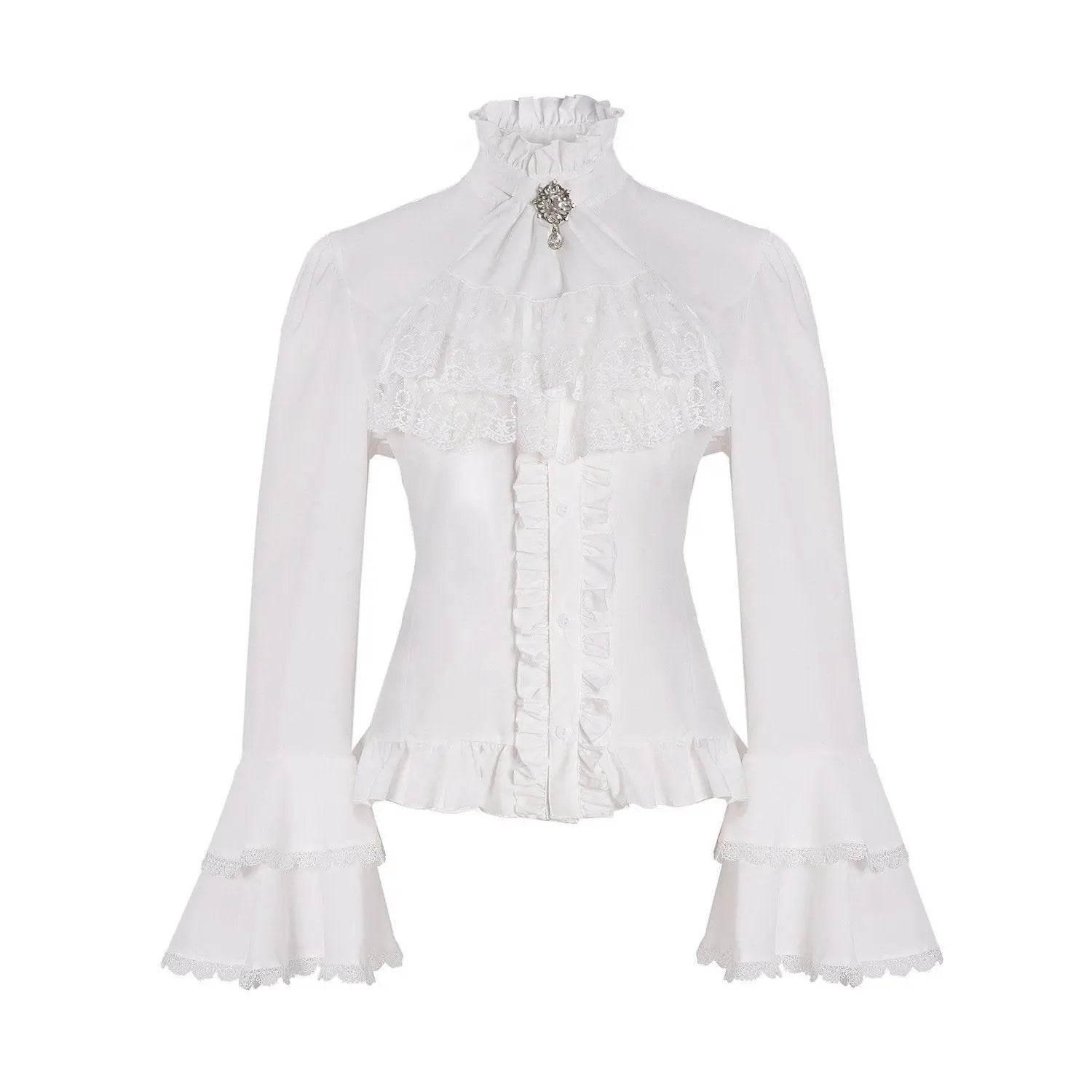 Women's Lolita Palace Retro Blouse Long Bell Sleeve Ruffled Shirt - Azufun
