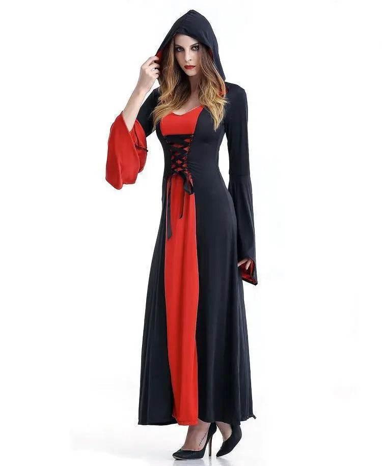 Women's Medieval Vintage Demon Hooded Witch Dress Cosplay Costume Halloween Renaissance Gothic - Azufun