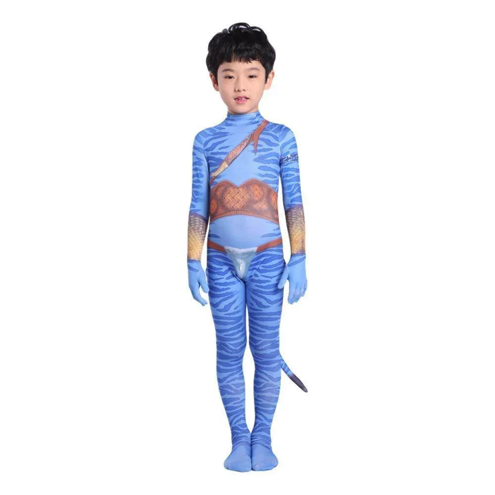 Avatar 2 Neytiri Battle Costume Tail Suit Unisex Jumpsuit Halloween Cosplay Zentai Bodysuit for Adult Kids - Azufun