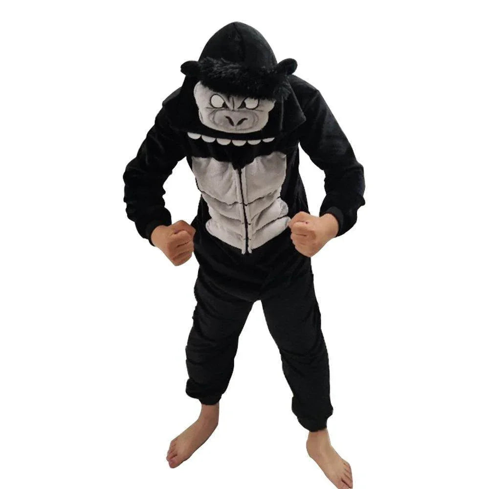 Black King Kong Costume Suit Cartoon Animal Kigurumi Flannel Onesie for Adults - Azufun