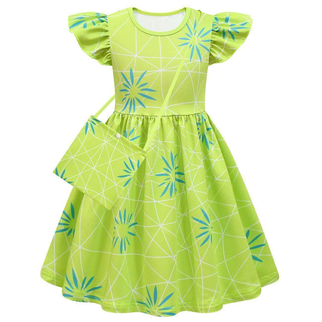 Inside Out Joy Cosplay Costume Dress for Girls Flutter Sleeve A Line Dress with Bag - Azufun