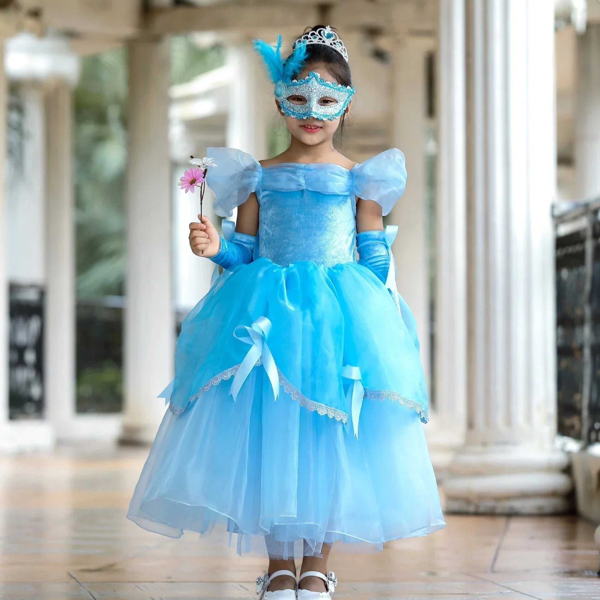 Girls Belle Cinderella Snow White Princess Costume Long Tutu Dress - Azufun