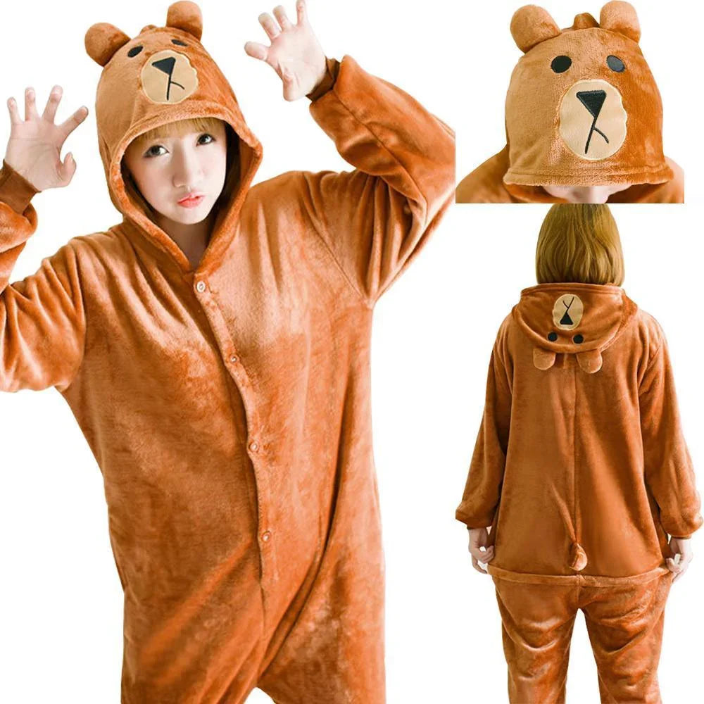 Brown Bear Kigurumi Onesie Hooded Footed Pajamas Party Costume - Azufun