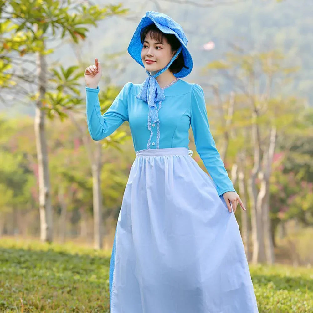 Farm Picnic Light Blue Long Sleeve Polka Dot cosplay costumes dress for mom and me - Azufun