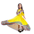 Traditional Mexican Costume Yellow Long Gypsy Dress Flamenco Dance Skirt Halloween Party for Girls