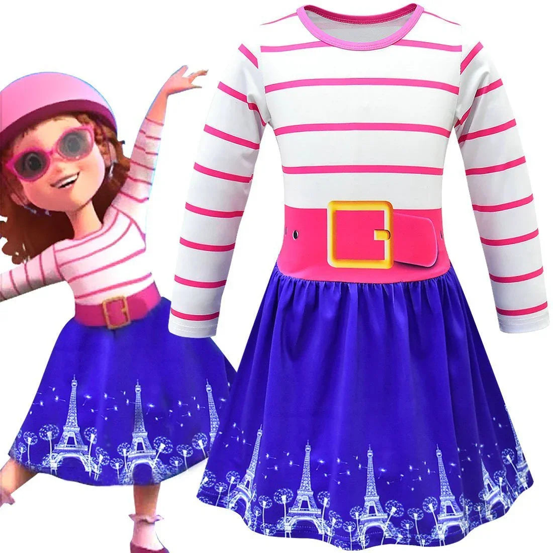 Fancy Nancy Cosplay Striped Long Sleeve Dress for Kids - Azufun