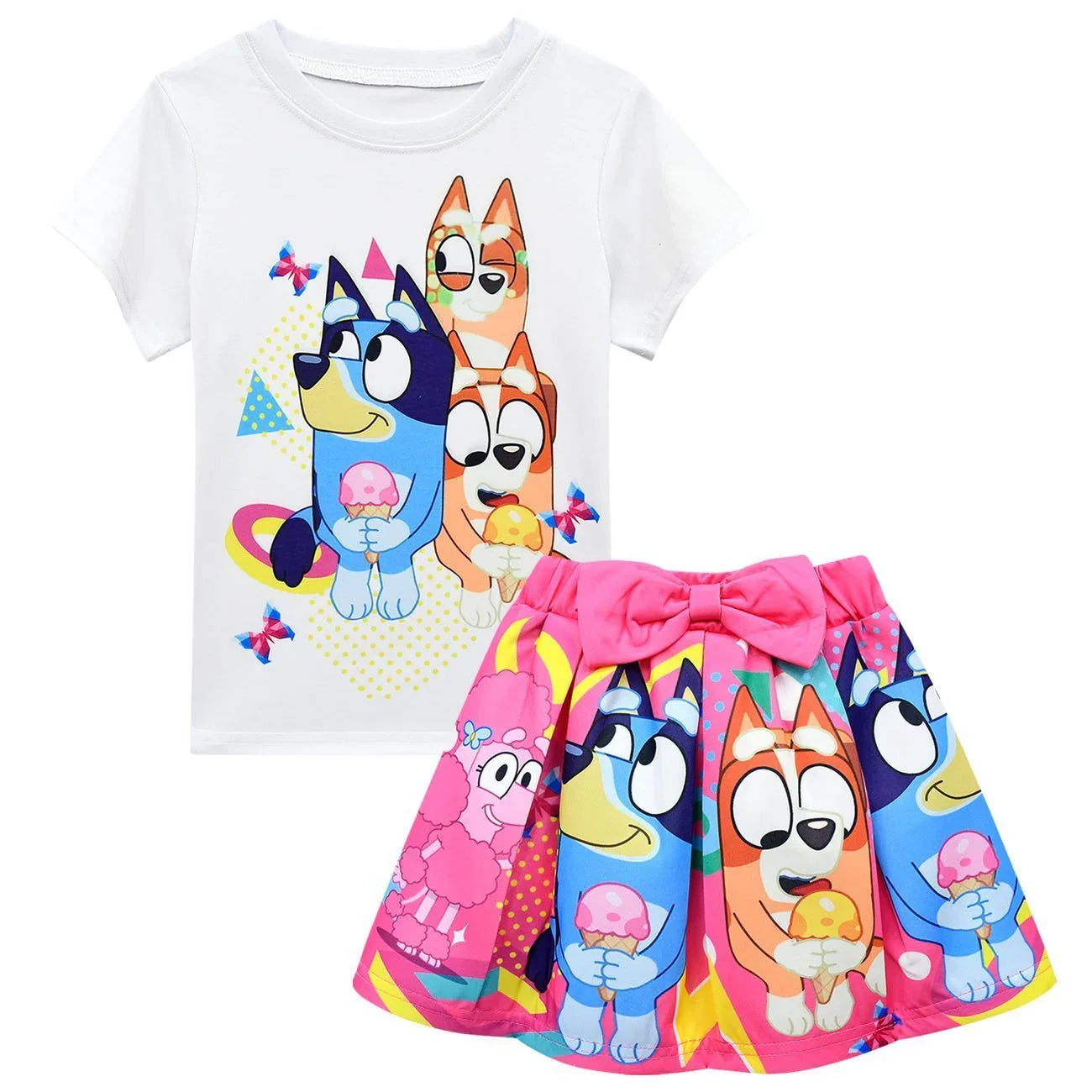 Bruy Short Sleeve Cartoon Pleated Skirt Bag Hat Set - Azufun