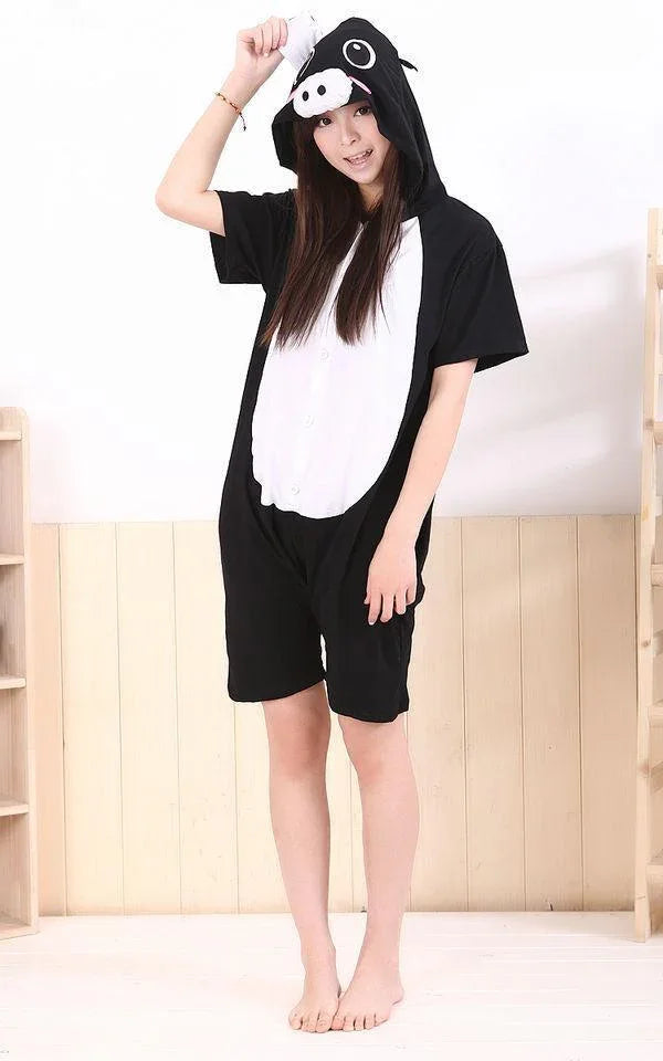 Black Pig Pajamas Animal Onesie Hoodie Kigurumi Short Sleeve - Azufun