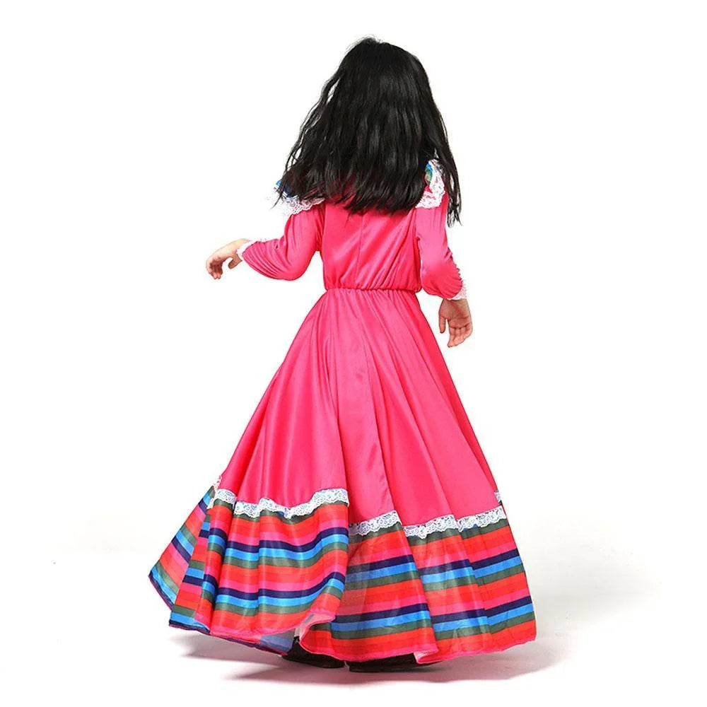 Traditional Mexican Rose Red Cosplay Costume Long Skirt Dance Halloween Party Game Dress for Girls